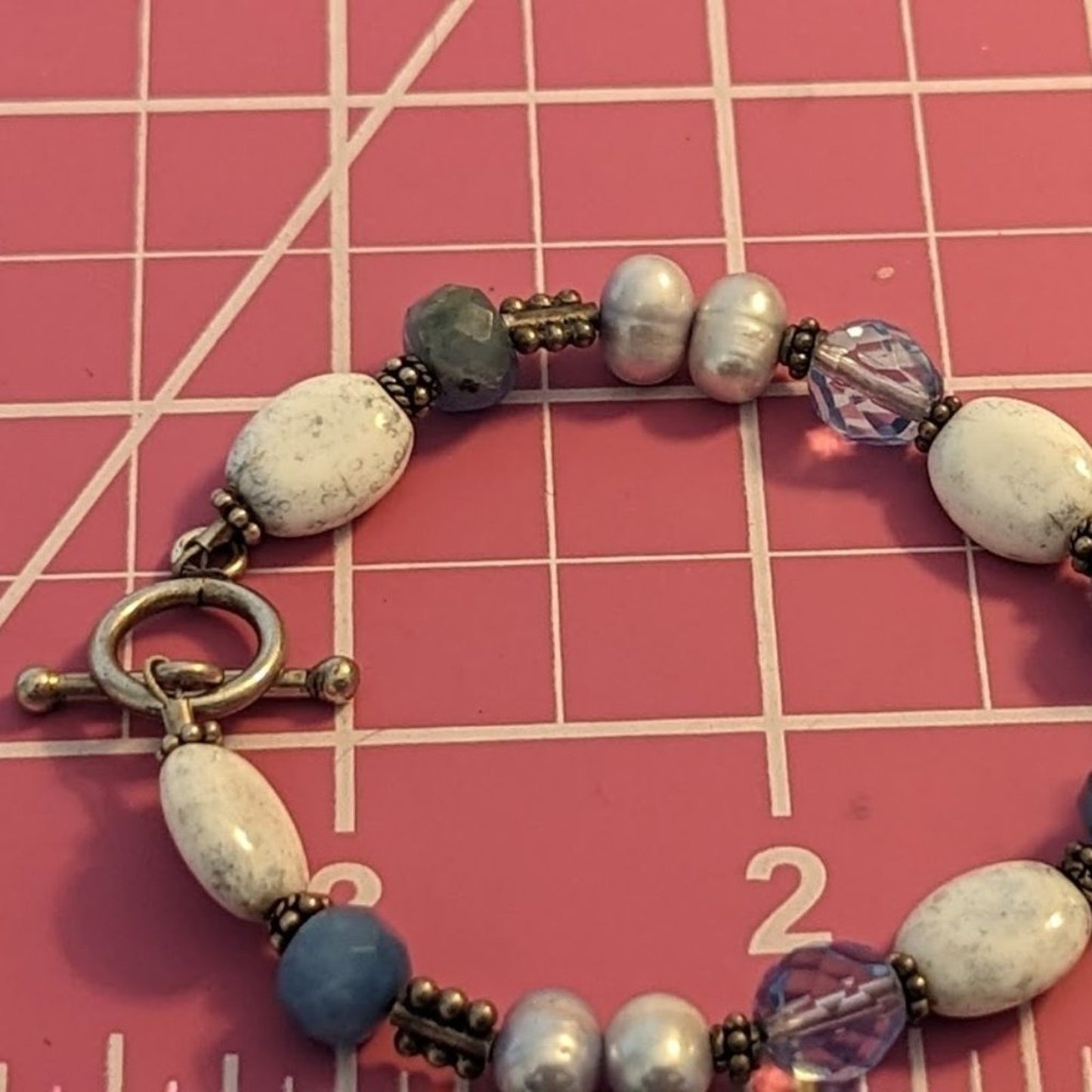 925 Sterling Silver Cross, Stone, Pearl, and Crystal Toggle Bracelet