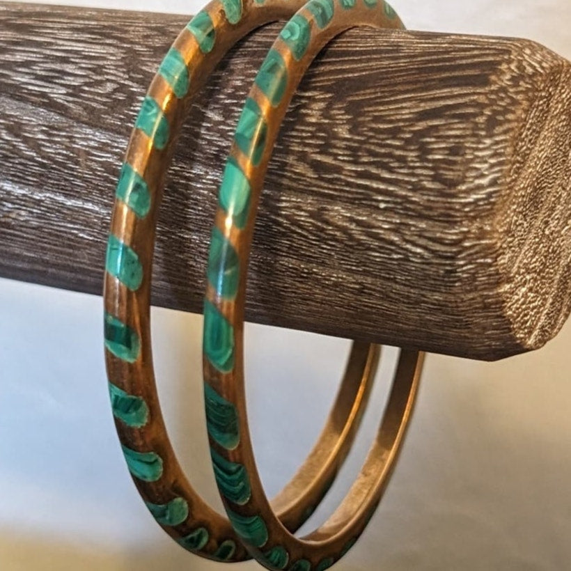 Vintage Thin Malachite Inlaid Brass Metal Bangle Bracelet Set of Two