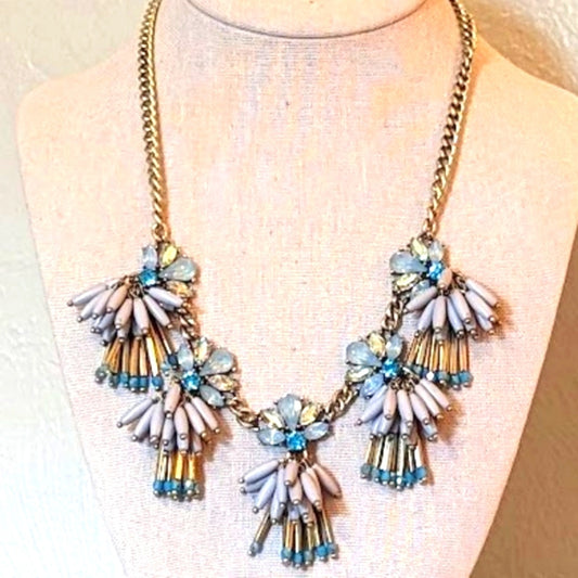 Shades of Blue Crystal Fringe Beaded Antique Gold Statement Necklace