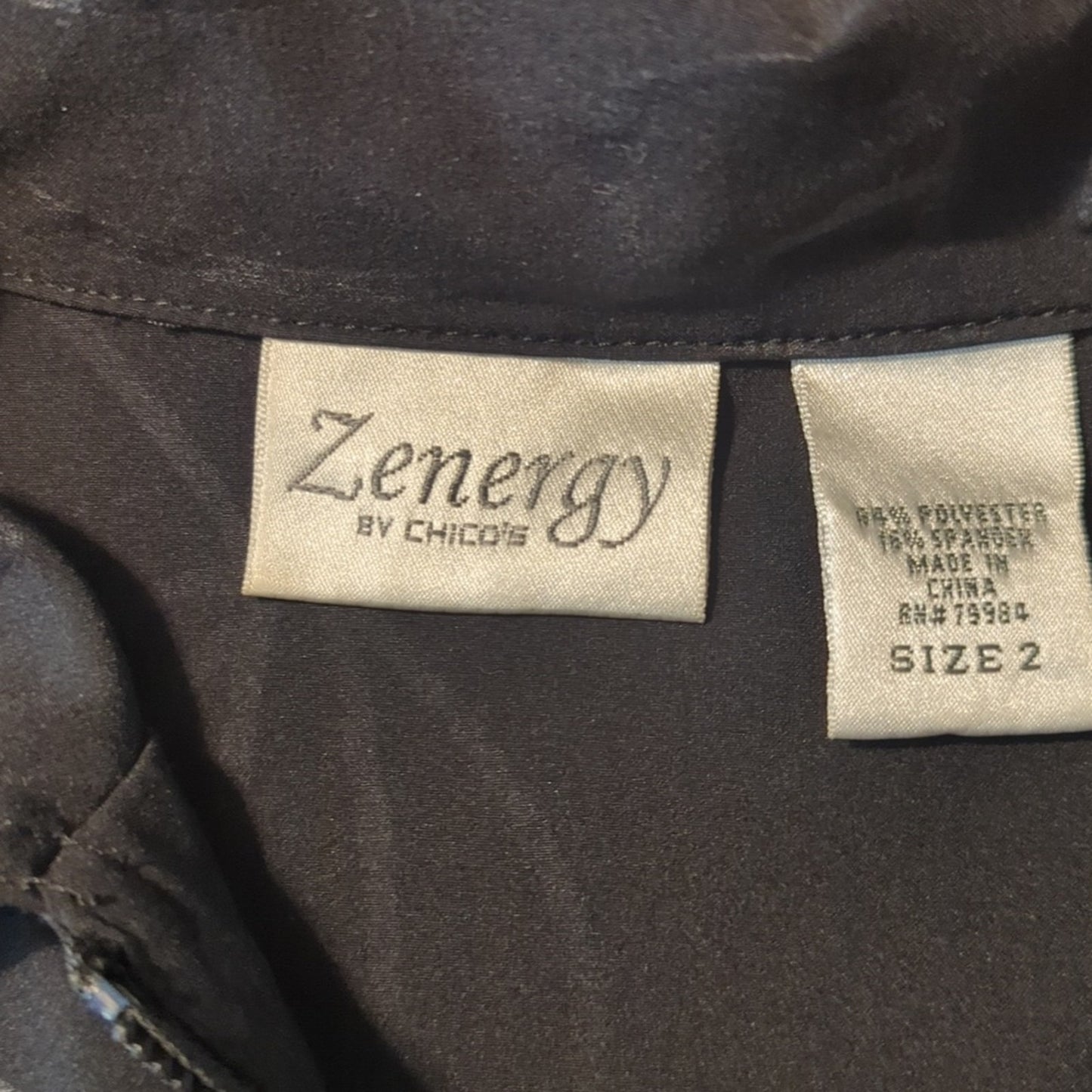 Zenergy by Chico Lightweight Black Floral Print Zip Up Pocket Jacket Sz 2 (L 12)