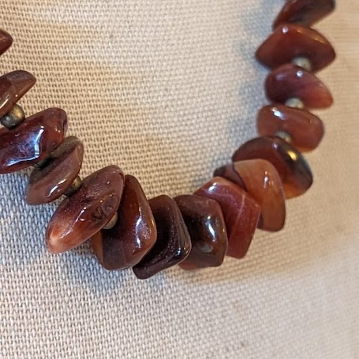Vintage Red Brown Stone Beaded Chip Necklace with Brass Accents