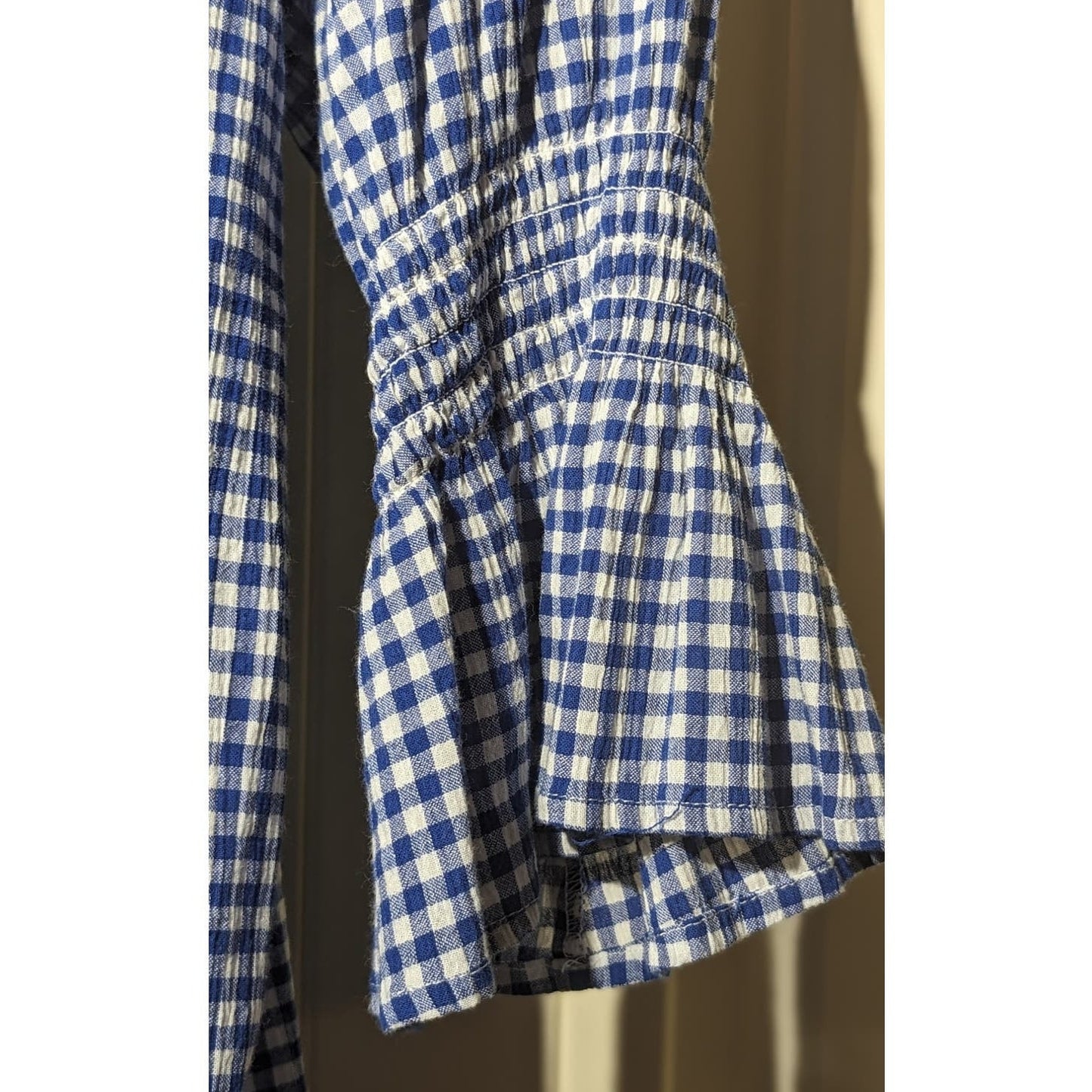 Rafaella Blue Gingham Gauzy Smock Neck 3/4 Smock Bell Sleeve Top Womens Sz 2X