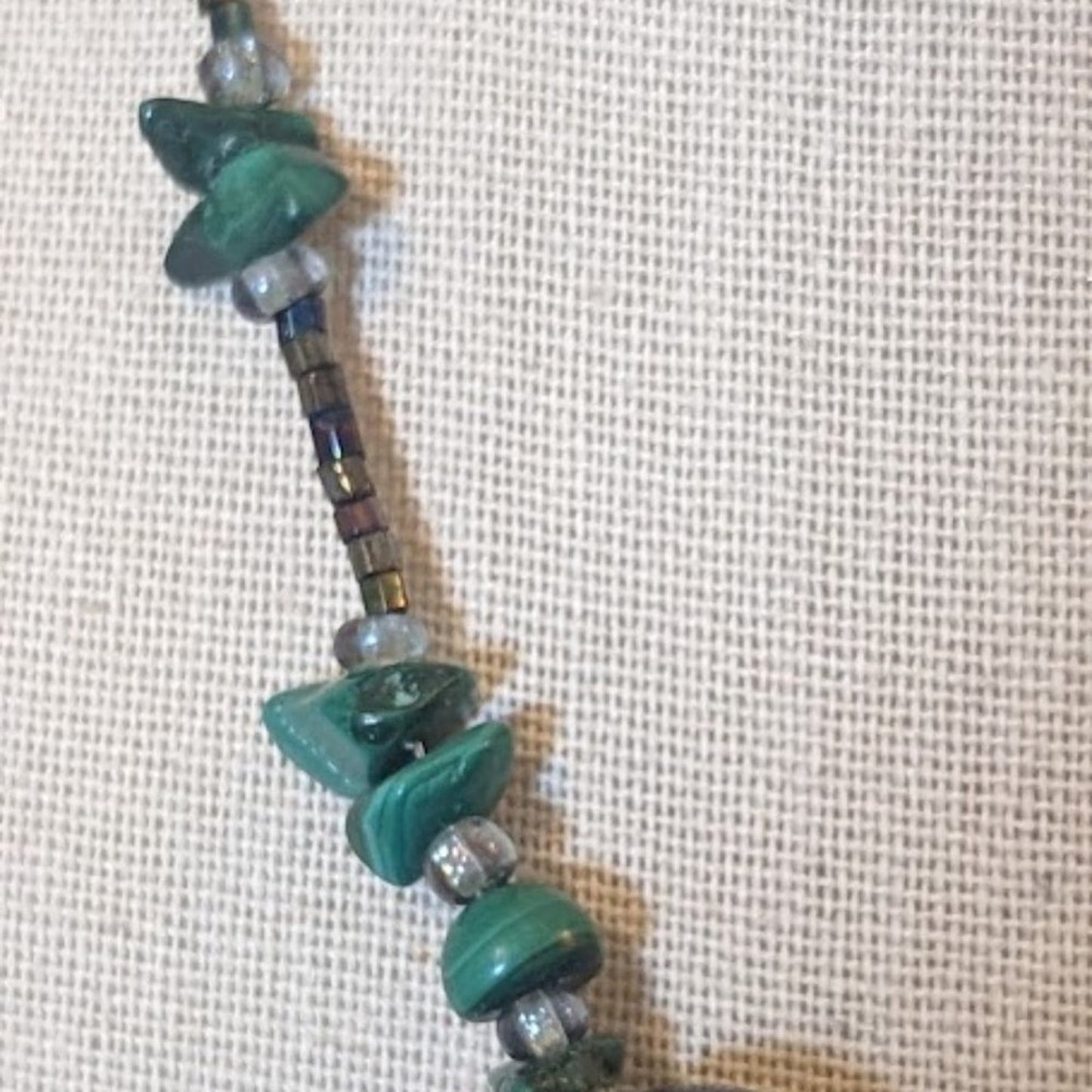Vintage Green Glass Beads with Malachite Chip and Bead 16" Necklace