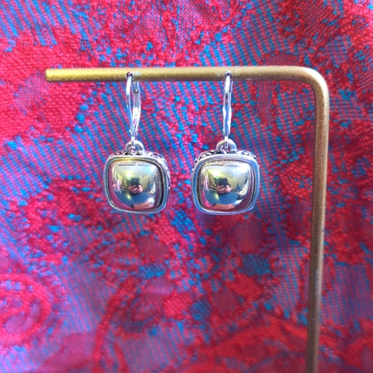 Napier Signed Two Tone Square Domed Side Etched Lever Back Earrings