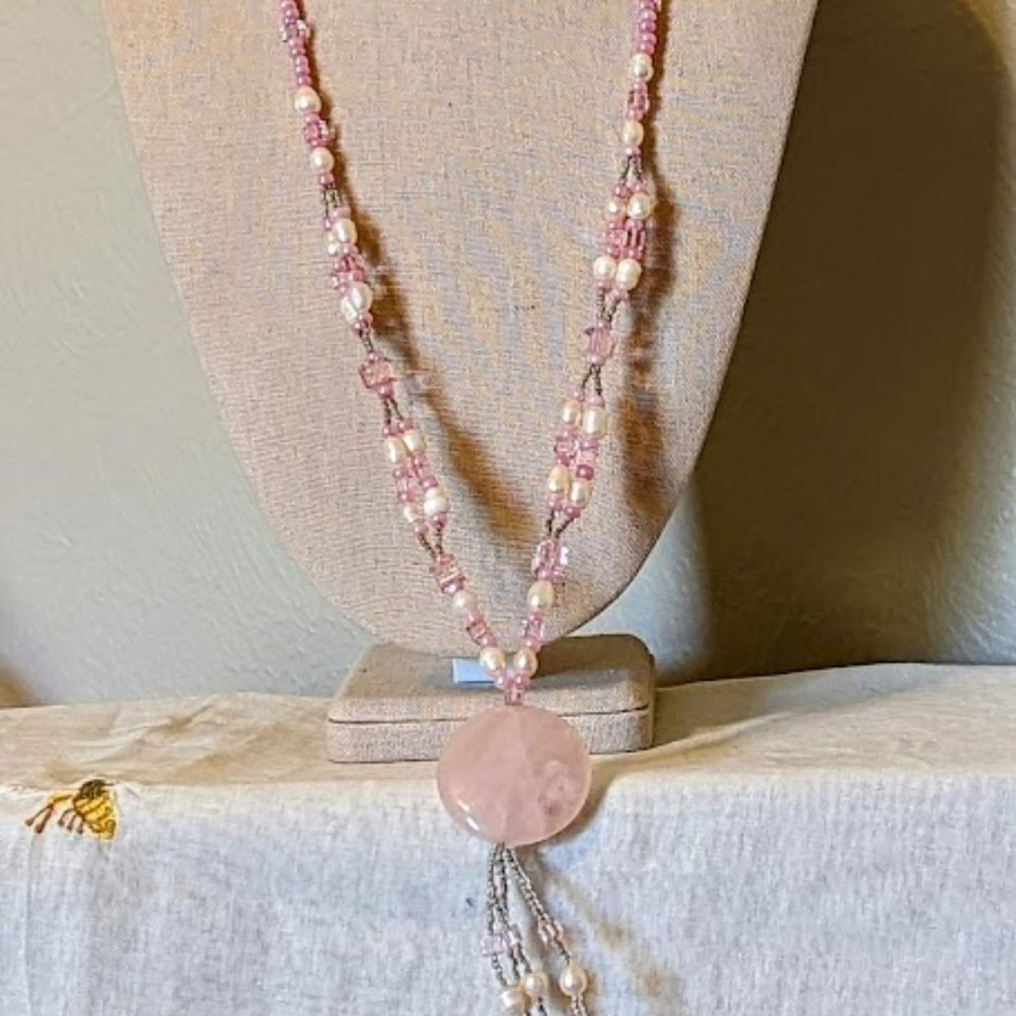 Pink Quartz, Potato Pearls, and Glass Bead Tassel Necklace