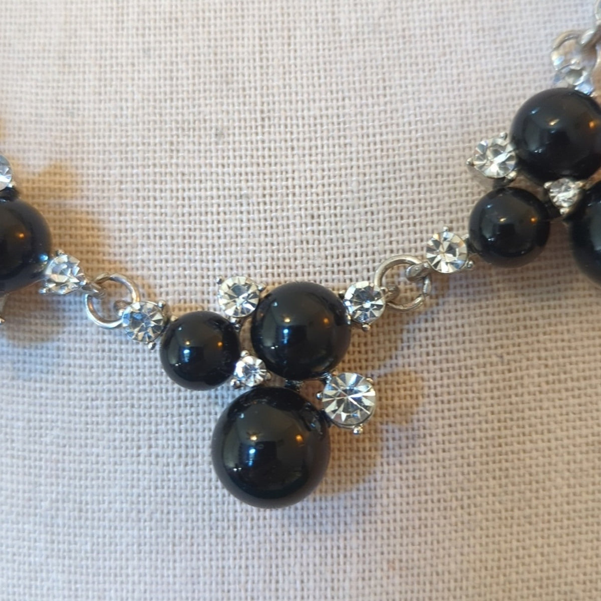 Silver Tone Rolo Chain Three Black Bead & Rhinestone Station Statement Necklace