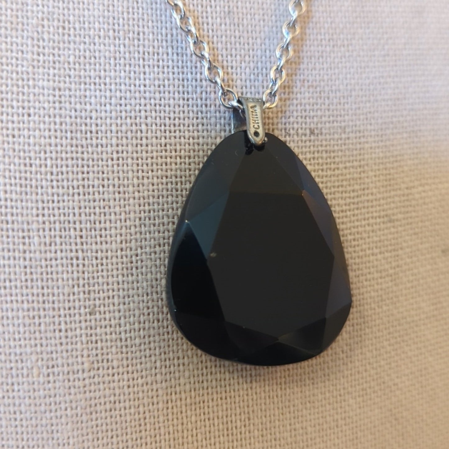 Vintage Faceted Glass Teardrop Sterling Silver Pendant on Silver Tone 18" Chain