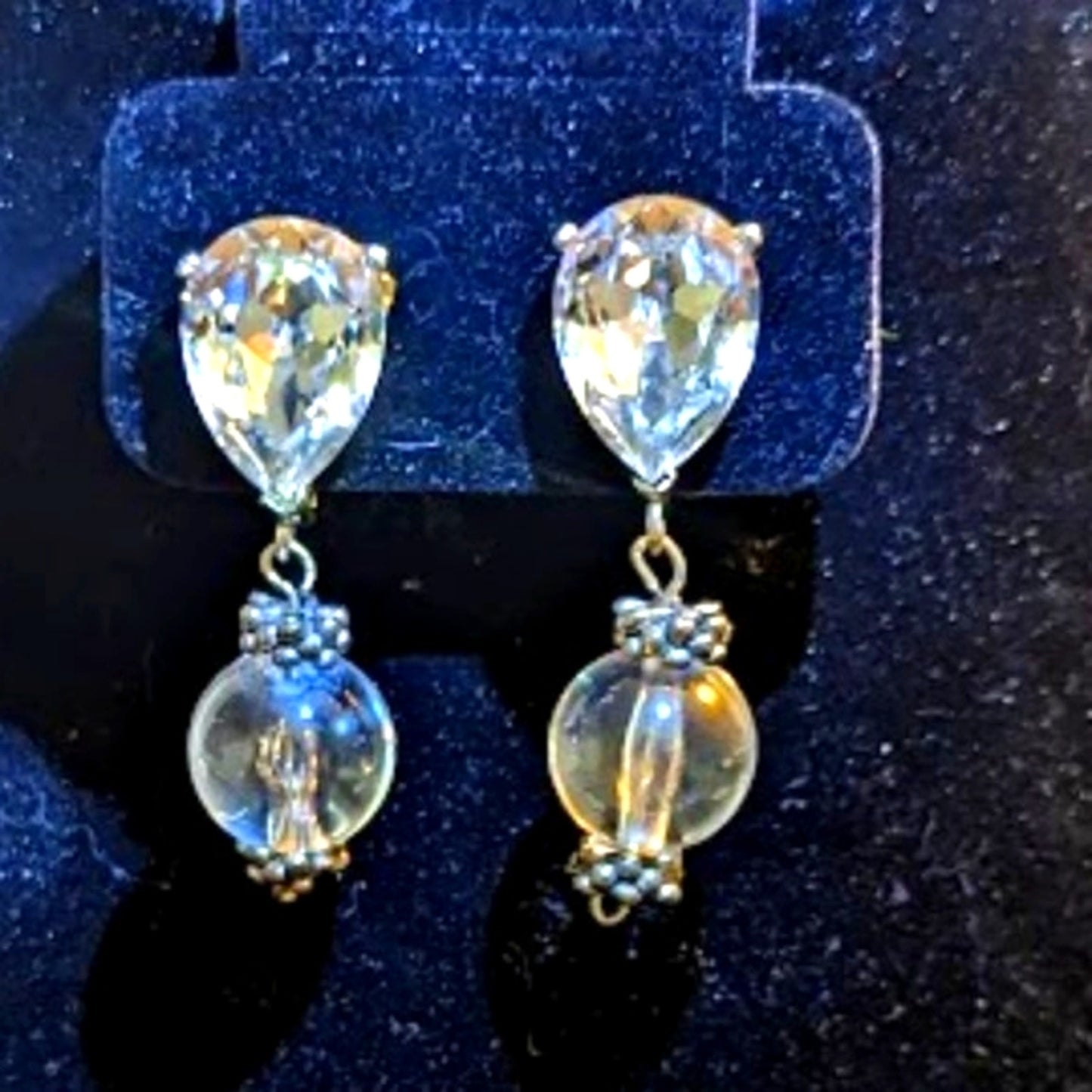 Vtg Kenneth Jay Lane Crystal Glass Drop Dangle Silver Tone Clip On Earrings