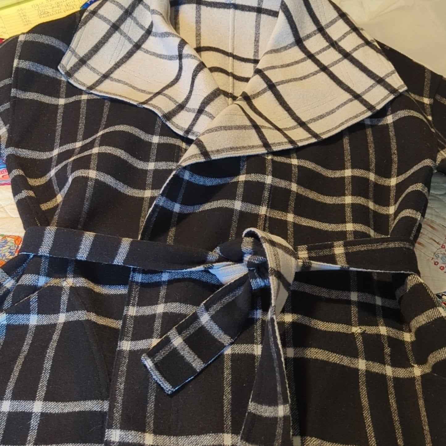 Alfani Black & Gray Plaid Reversible Belted Wrap Wing Collar Coat Women's Sz M/L