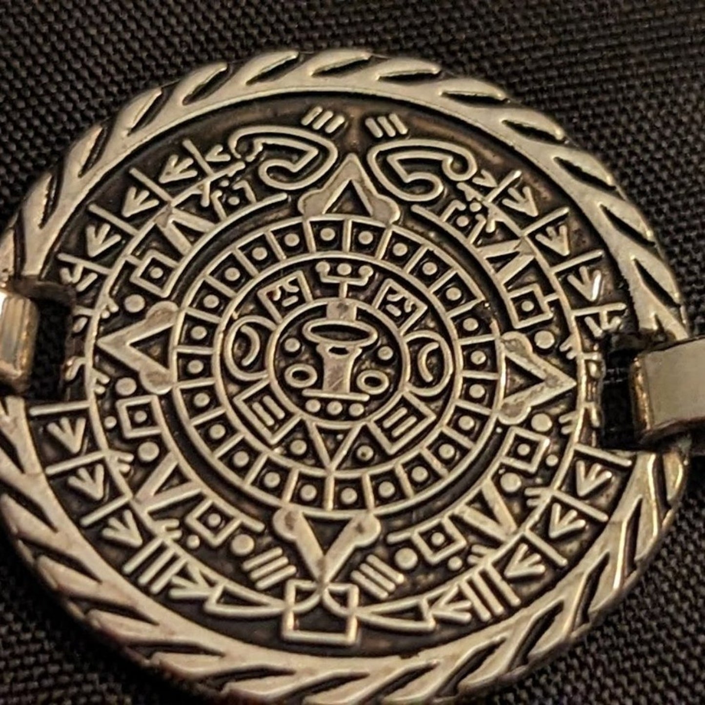 Vintage Silver Tone Mayan Aztec Calendar Coin Fold Over Clasp Bracelet