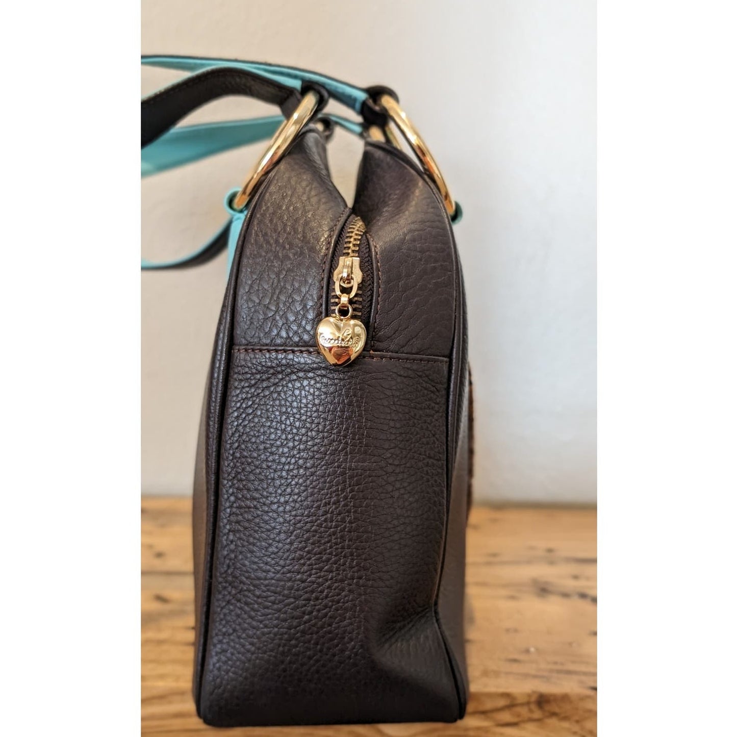 Sweet Tooth Brown Pebbled Grain Cheetah Heart Satchel Handbag