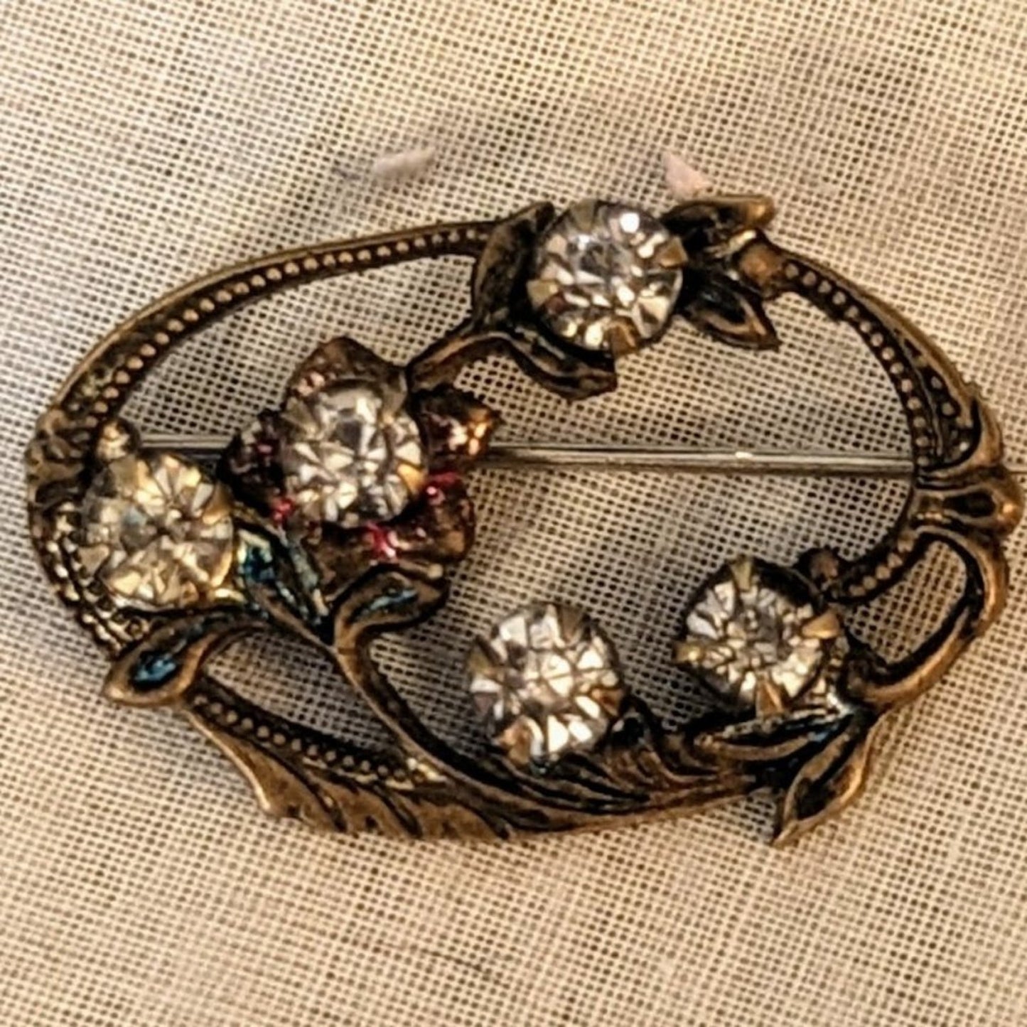 Antique Art Nouveau Clear Paste Rhinestone Ornate Floral Oval Brass Tone Brooch