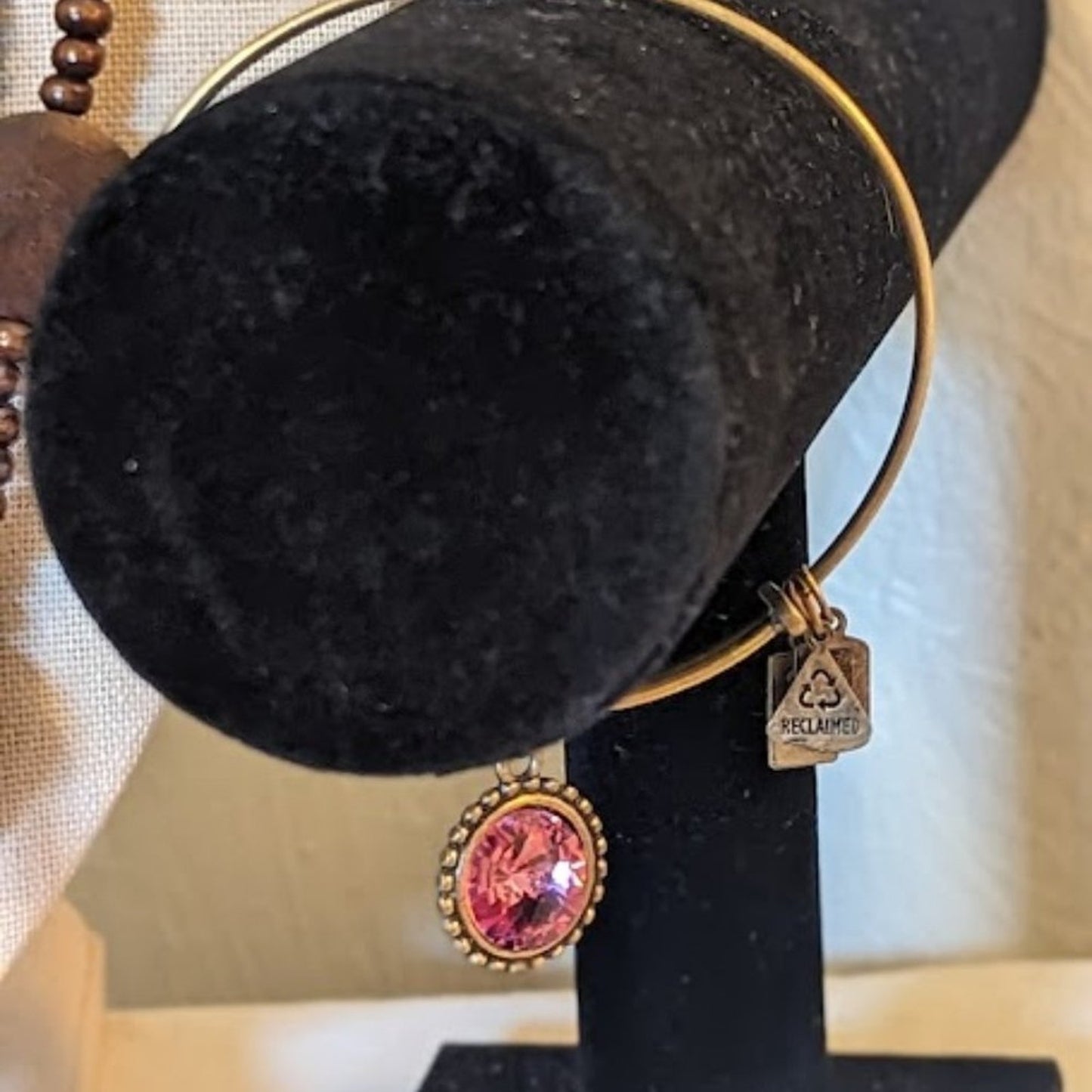 Vintage Wood Beads Pink Plaid Hoops Bracelet with Pink Crystal Charm