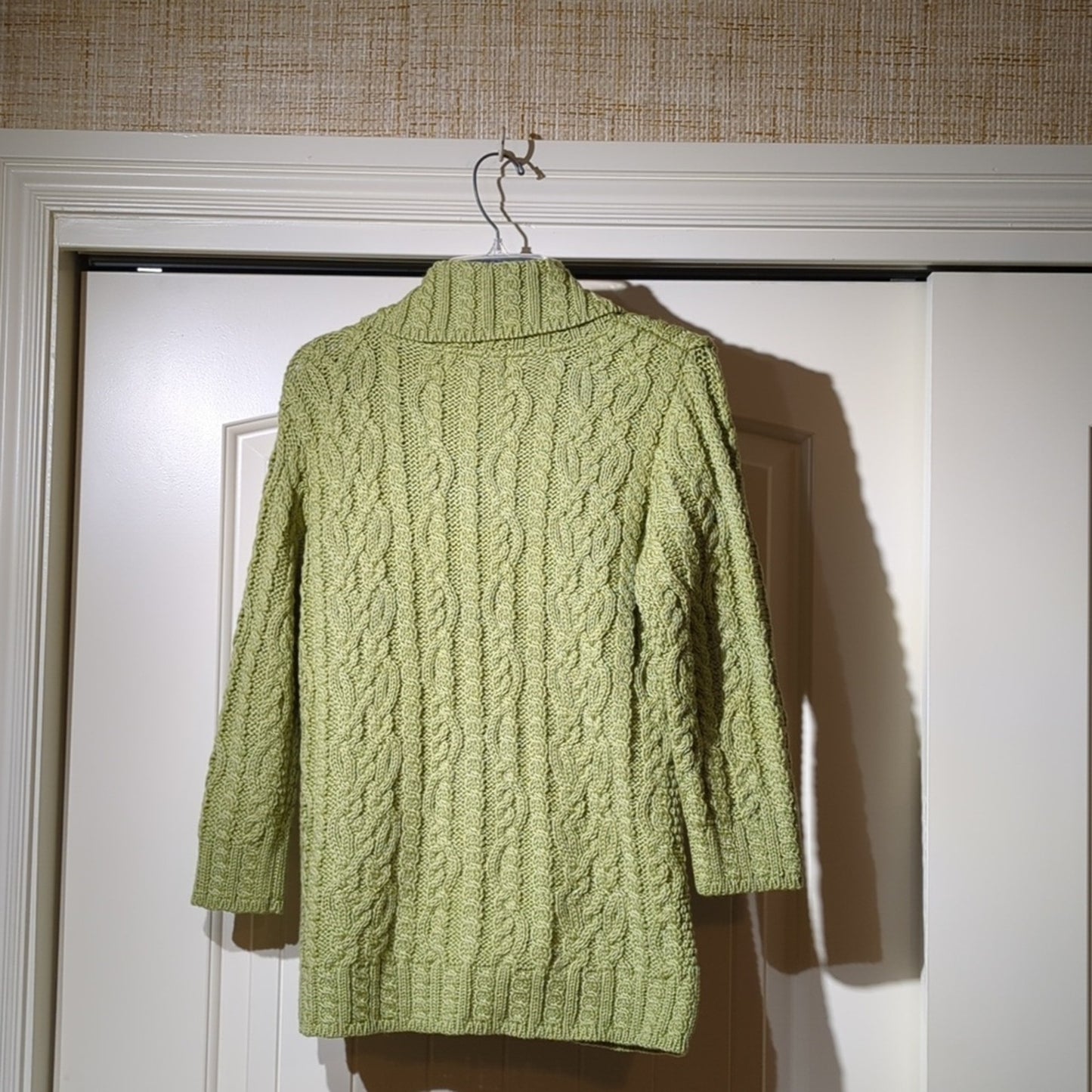 Aran Crafts Ireland Green Luxury Button Up Hand Knit Cabled Cardigan Women Sz XS