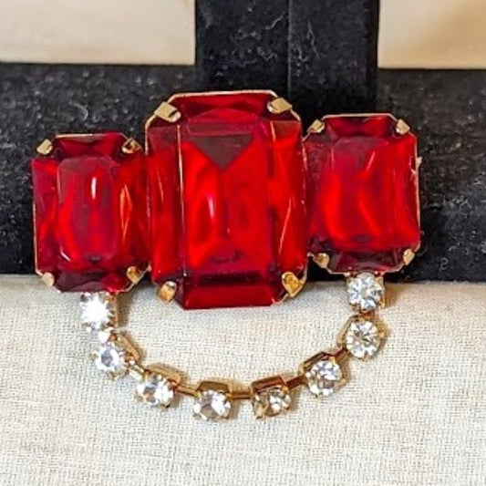 Vintage Three Large Ruby Crystals and Rhinestone Brooch
