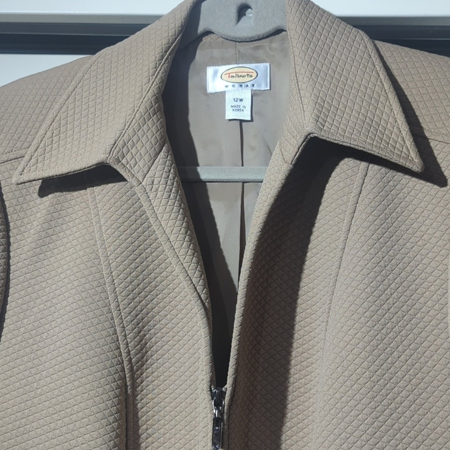 Vtg Talbots Tan Quilted Faux Pocket Half Zip Lined Jacket w/ Zip Cuffs Sz 12W