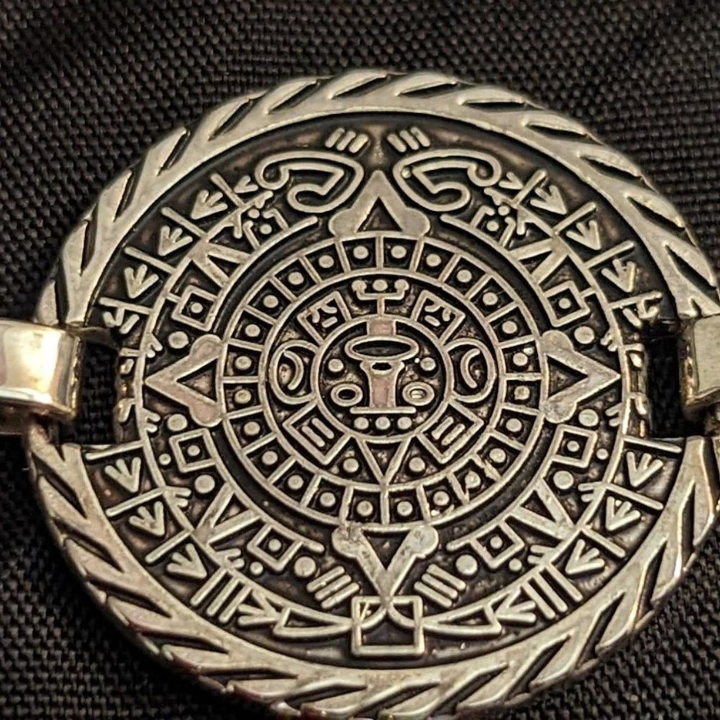 Vintage Silver Tone Mayan Aztec Calendar Coin Fold Over Clasp Bracelet