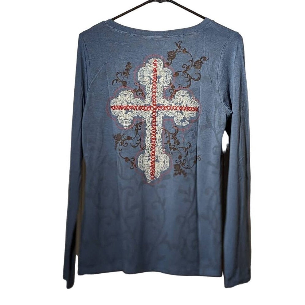 G. Designs Dusty Blue Embroidered Boho Long Sleeve Viscose/Lycra Tee Womens Sz L