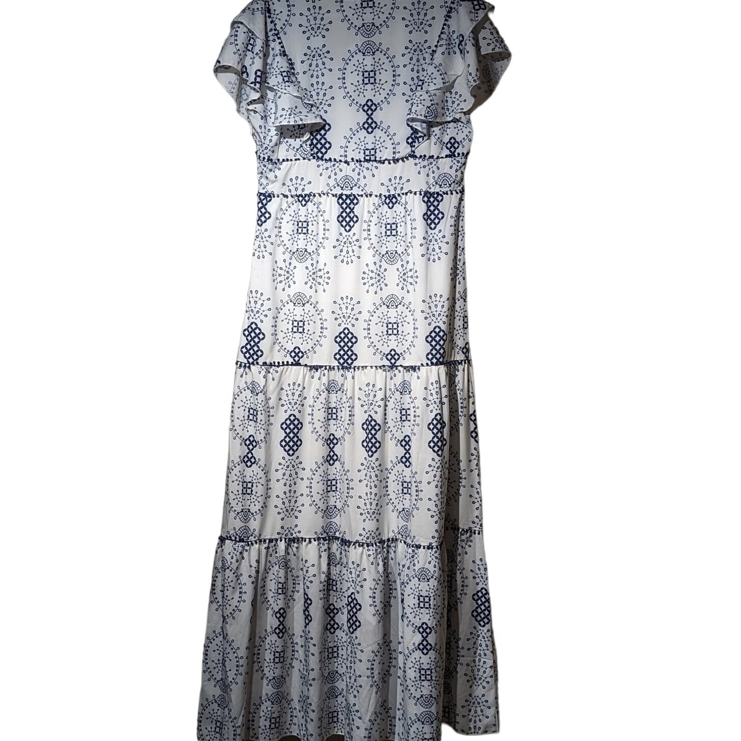 NWT Made with Love Navy/White Flutter Sleeve Tiered Maxi Dress Womens Sz L