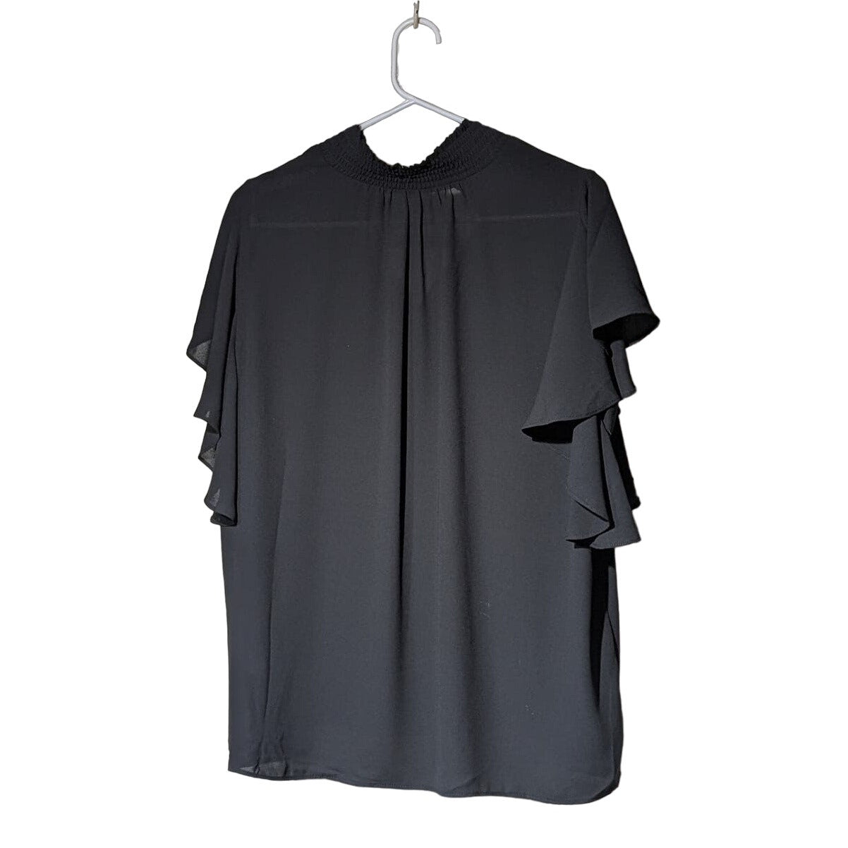 T Tahari Black Flutter Sleeve Smock Neck Tie Front Blouse Womens Sz L