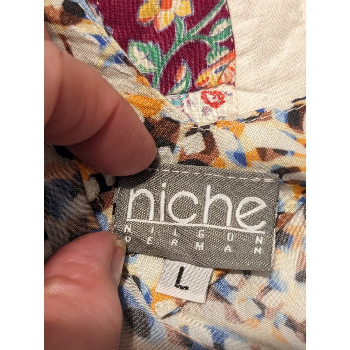 Niche Mandala Print V-Neck Viscose Shift Maxi Asymmetrical Hem Dress Womens Sz L