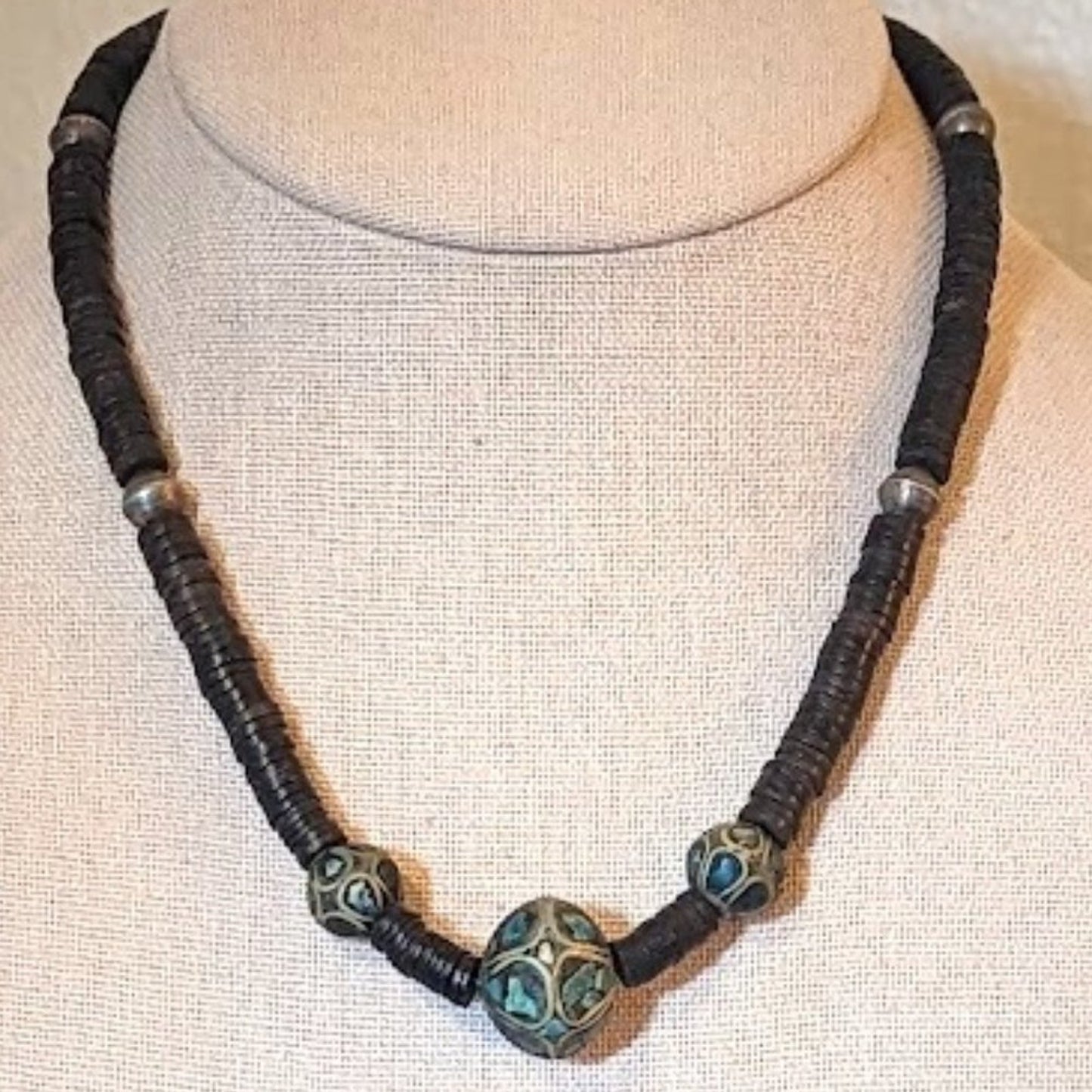 Vintage Hand Made Asian East Indian Ethnic Silver Turquoise Bead Necklace