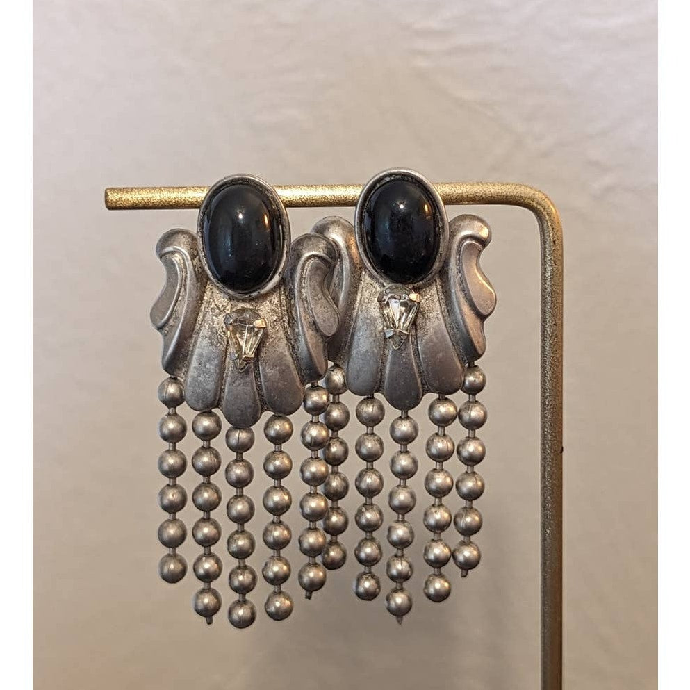 Vintage 80s Beaded Drop Silver Tone Black Bead Rhinestone Glam Post Earrings