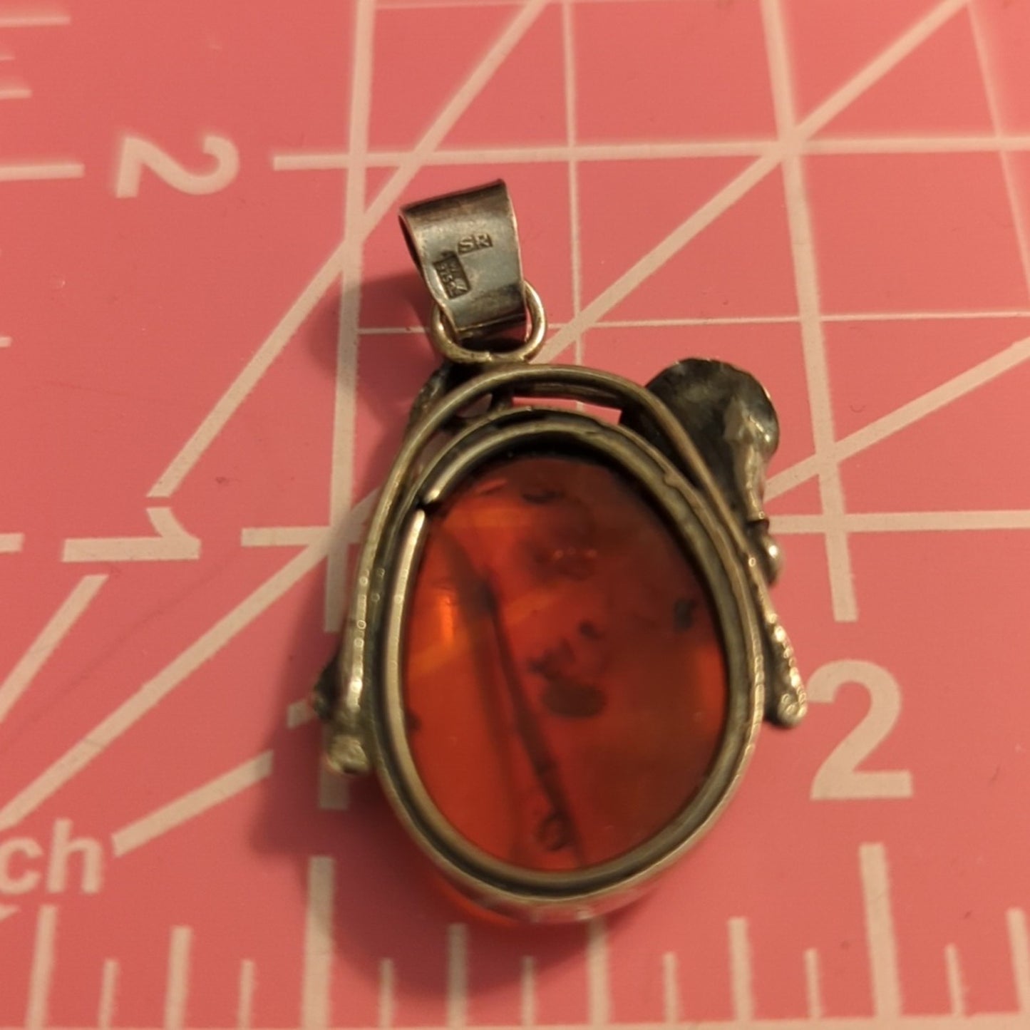 Vintage Art Nouveau Sterling 925 Real Warsaw Polish Amber Designer SR  Pendant