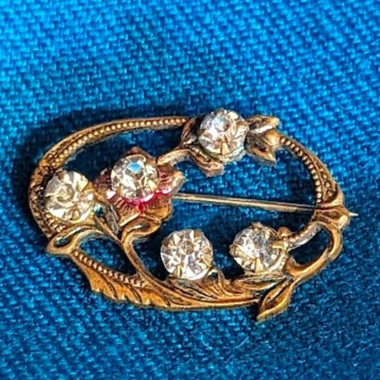 Antique Art Nouveau Clear Paste Rhinestone Ornate Floral Oval Brass Tone Brooch