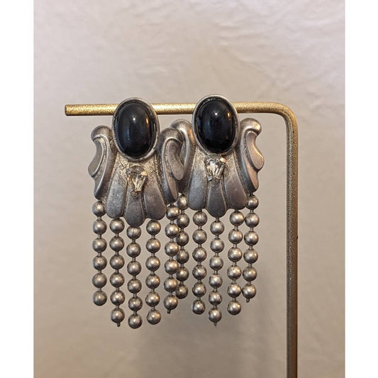 Vintage 80s Beaded Drop Silver Tone Black Bead Rhinestone Glam Post Earrings
