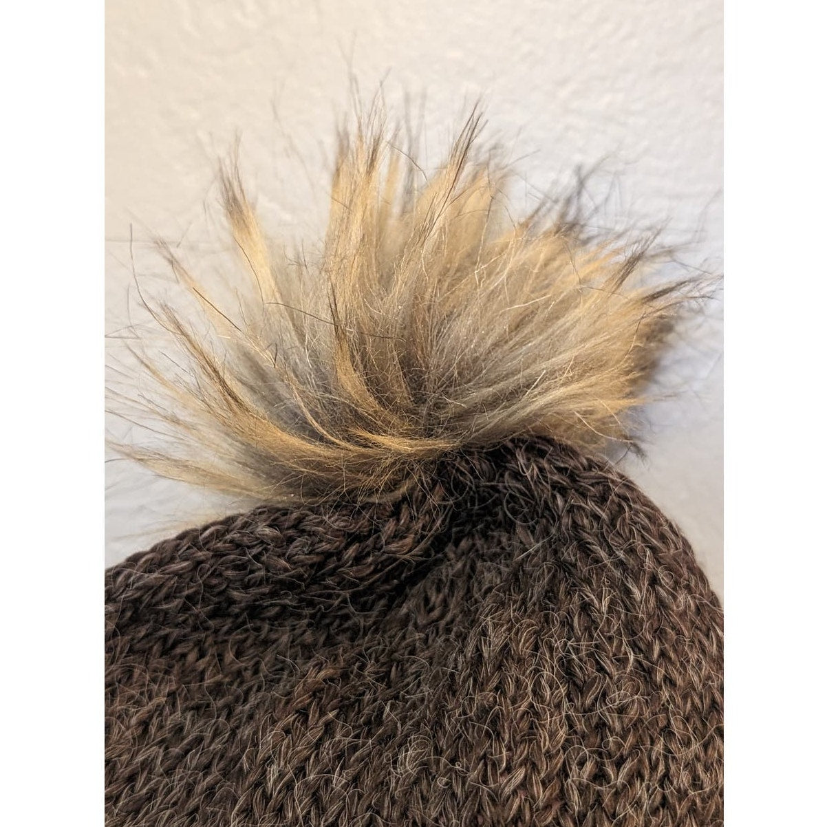 Pistil Brown/Cream ZigZag Print Knit Faux Fur Pom Pom Beanie