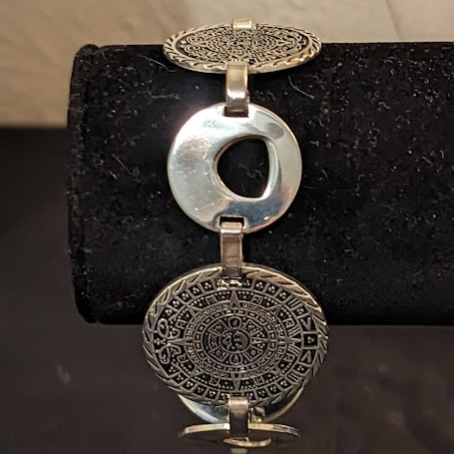 Vintage Silver Tone Mayan Aztec Calendar Coin Fold Over Clasp Bracelet