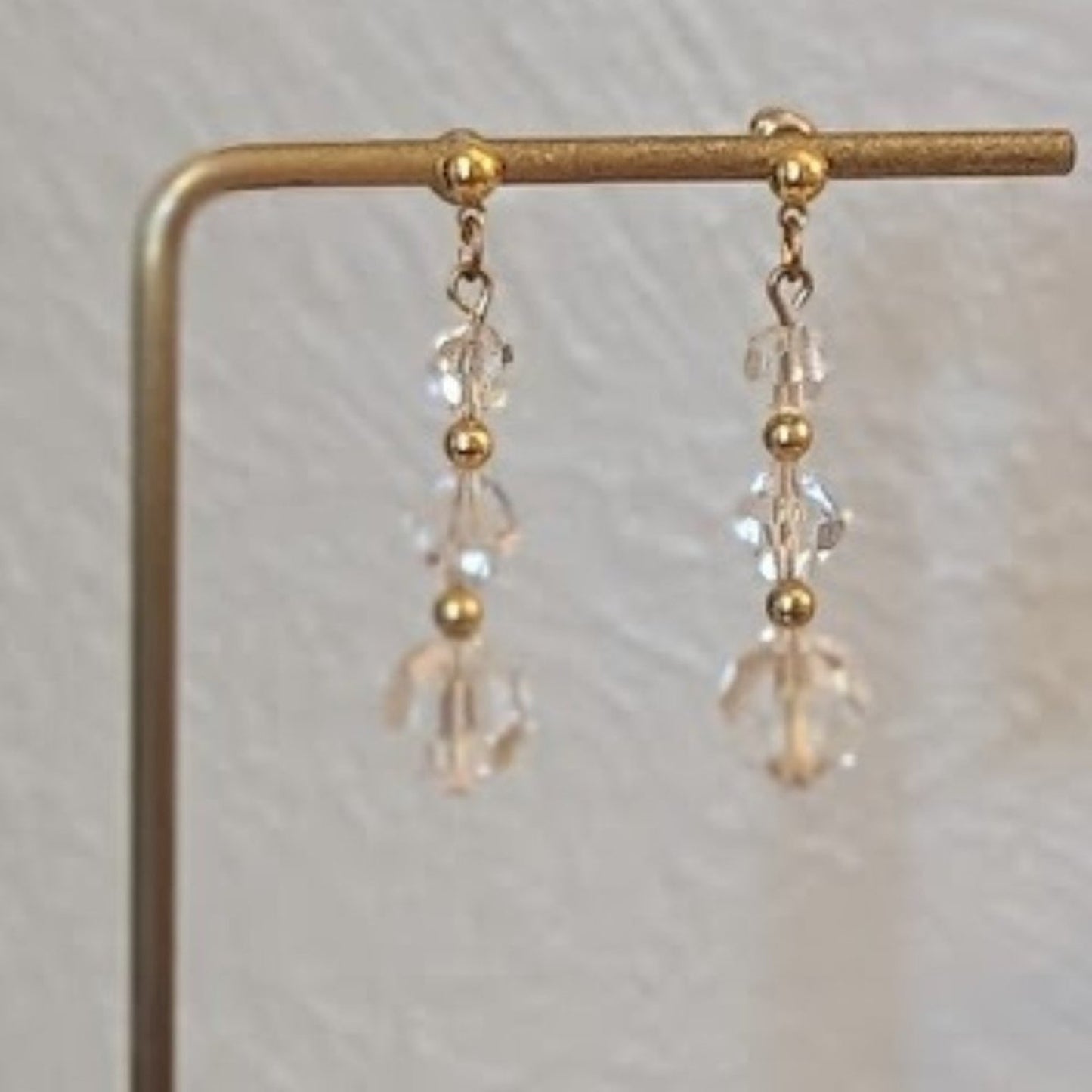 Three Glass Crystal Bead Dangle Earrings with Gold Tone Stud