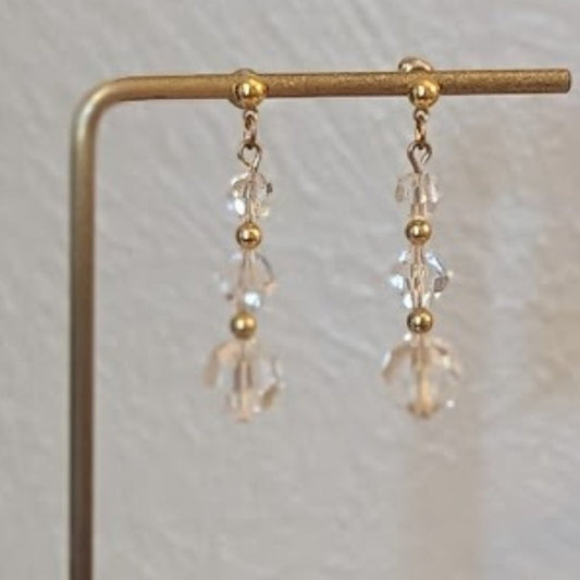Three Glass Crystal Bead Dangle Earrings with Gold Tone Stud