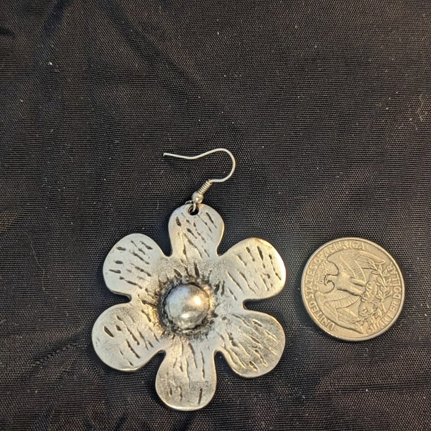 Large dangle pewter flower earrings
