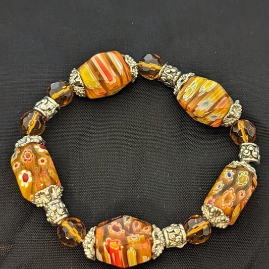 Millefiori Orange Glass Flower & Amber Beaded Stretch Bracelet