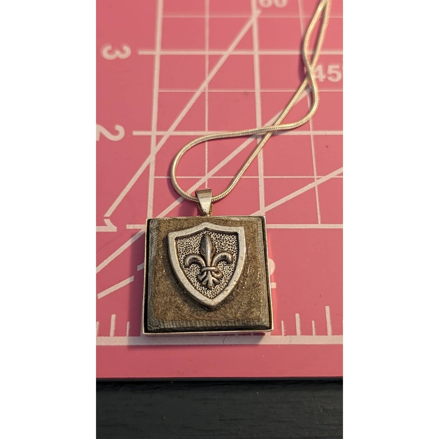 Fleur De Lis Shield On Stone Pendant on 18K Gold Plated 23" Silver Snake Chain