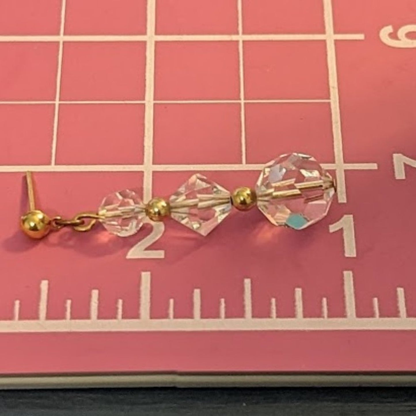 Three Glass Crystal Bead Dangle Earrings with Gold Tone Stud
