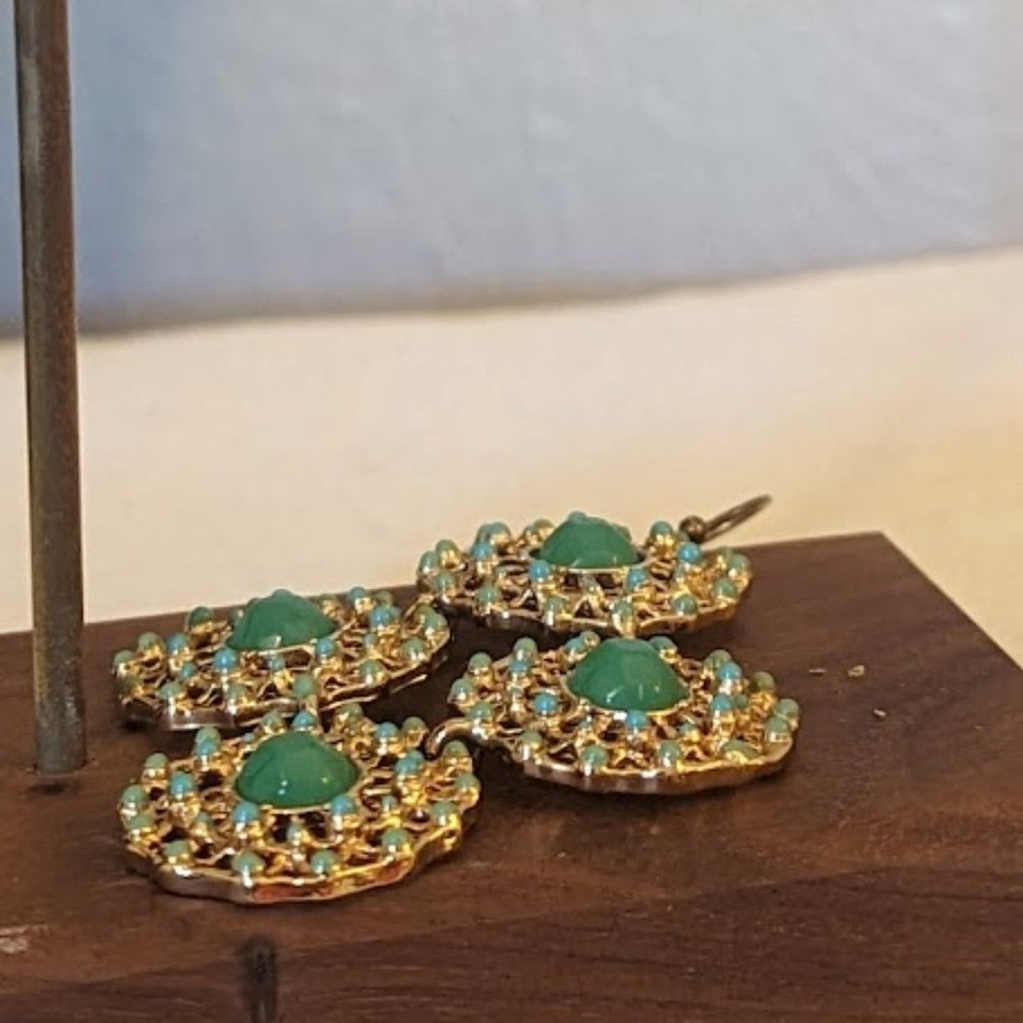 Green Bead, Enamel Dotted Filigree Boho Dangle Earrings on French Wires