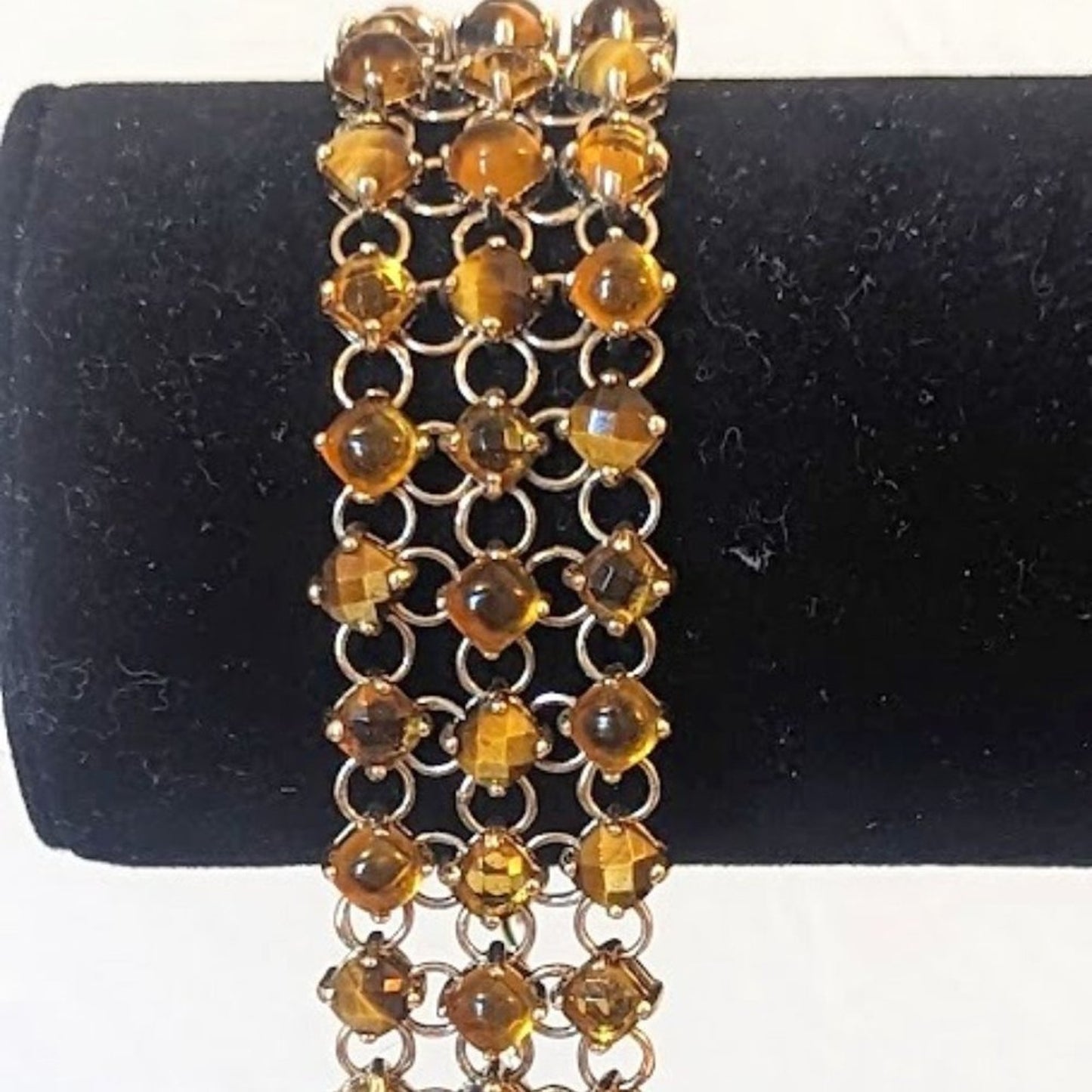 Faceted Tiger's Eye & Brown Bead Three Strand Gold Filled Link Chain Bracelet