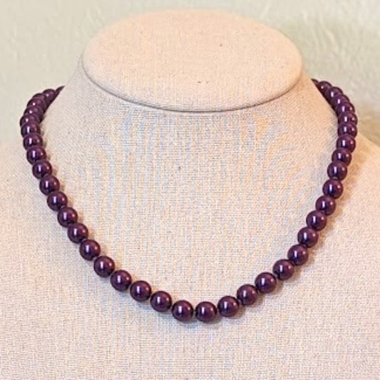 Plum Colored Hand-Knotted Glass Pearl Beaded Necklace