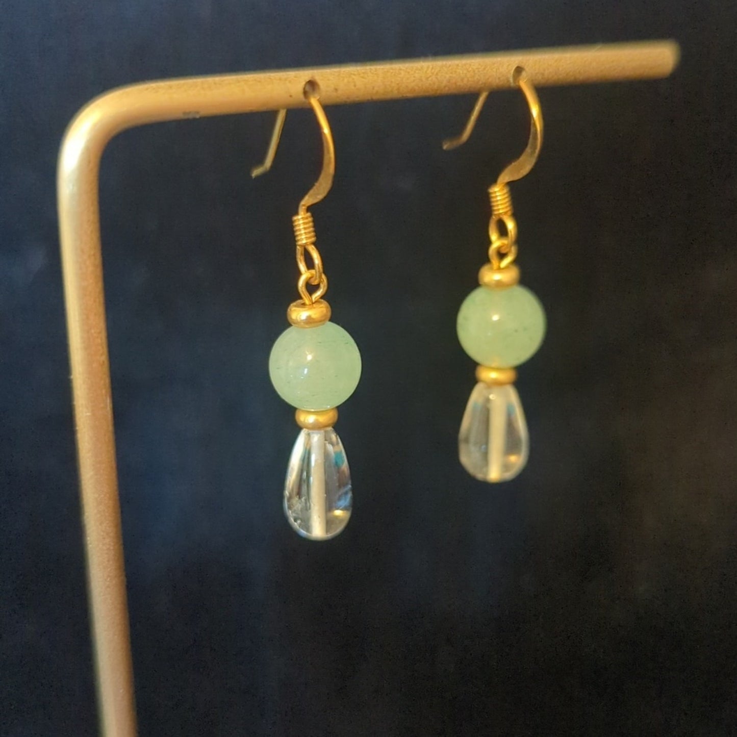 Handmade Adventurine & Glass French Wire Gold Tone Dangle Earrings
