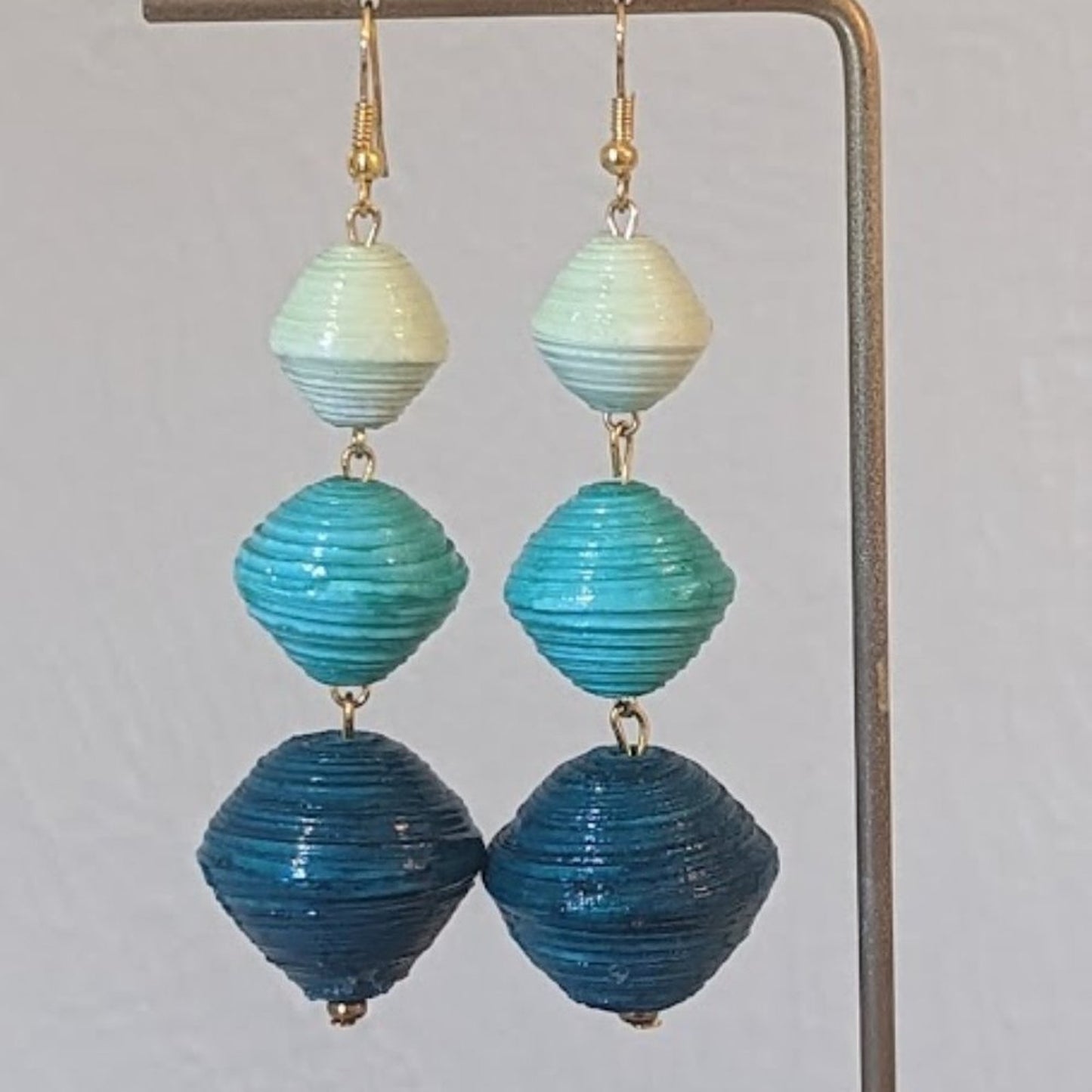 Handcrafted Colors of Teal Paper Bead Dangle Earrings Made in Uganda