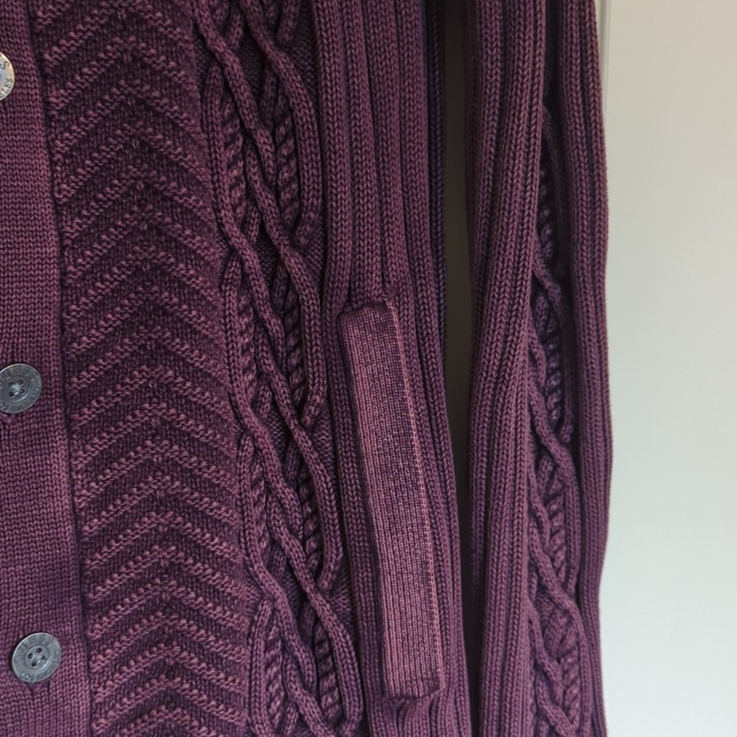 Guess Cabled Button Front Shawl Collar Distressed Purple Cardigan Women's Size M