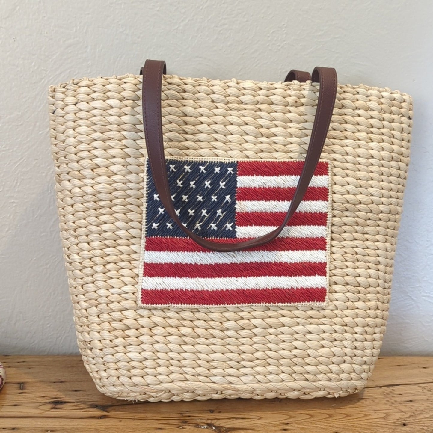 Americana Straw Bag Tote With Draw String Chambray Liner