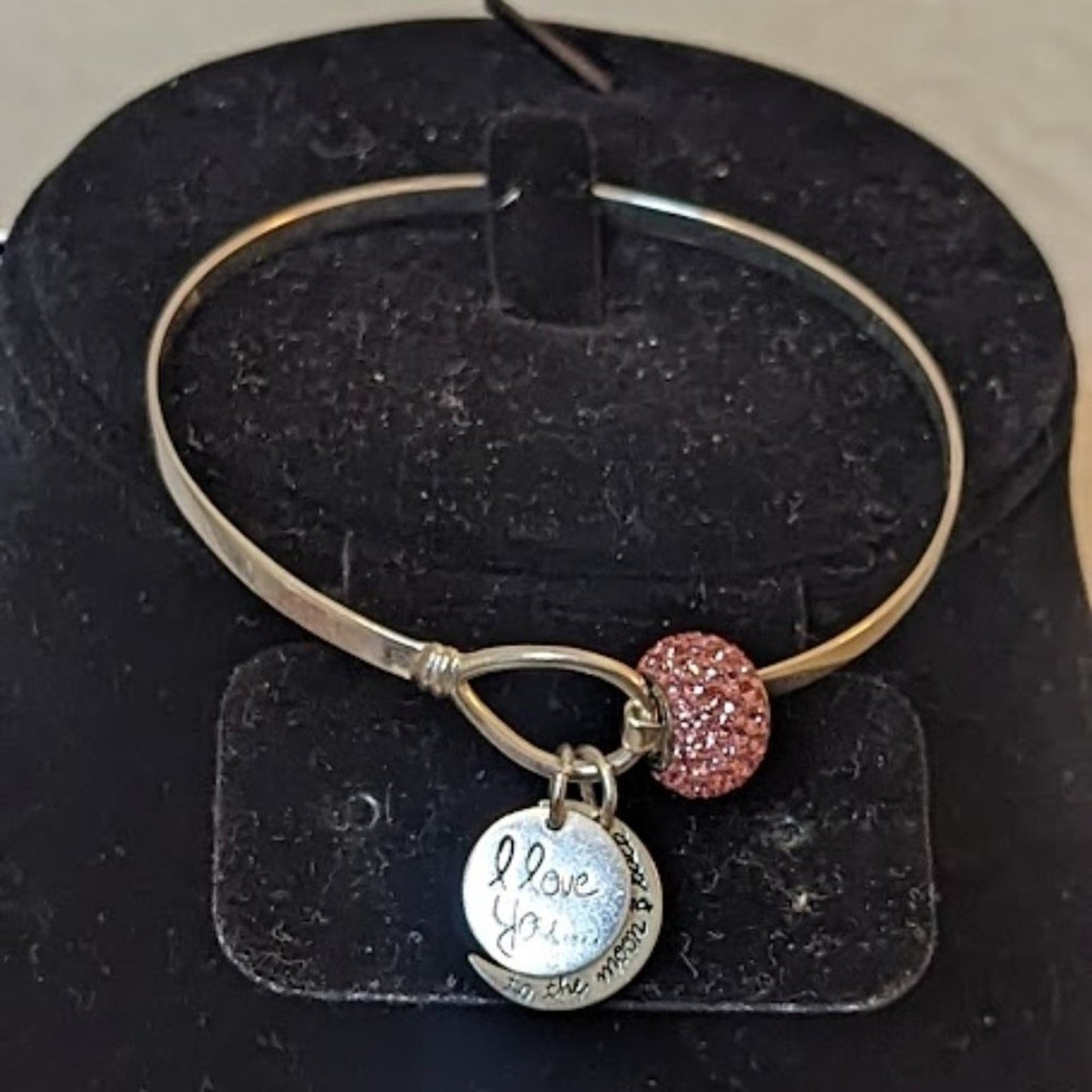 925 I Love You To the Moon and Back Charmed Bangle with Pink Crystal Charm