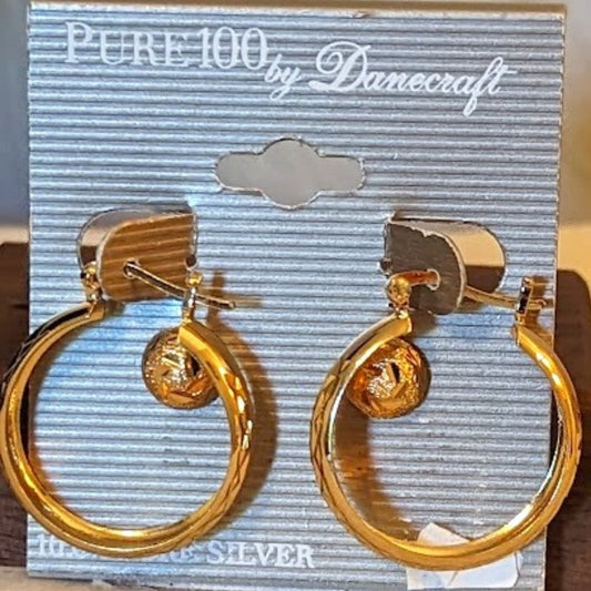 NWT Danecraft 10% Pure Silver Earring Set Diamond Cut Hoops and Posts Gold Tone