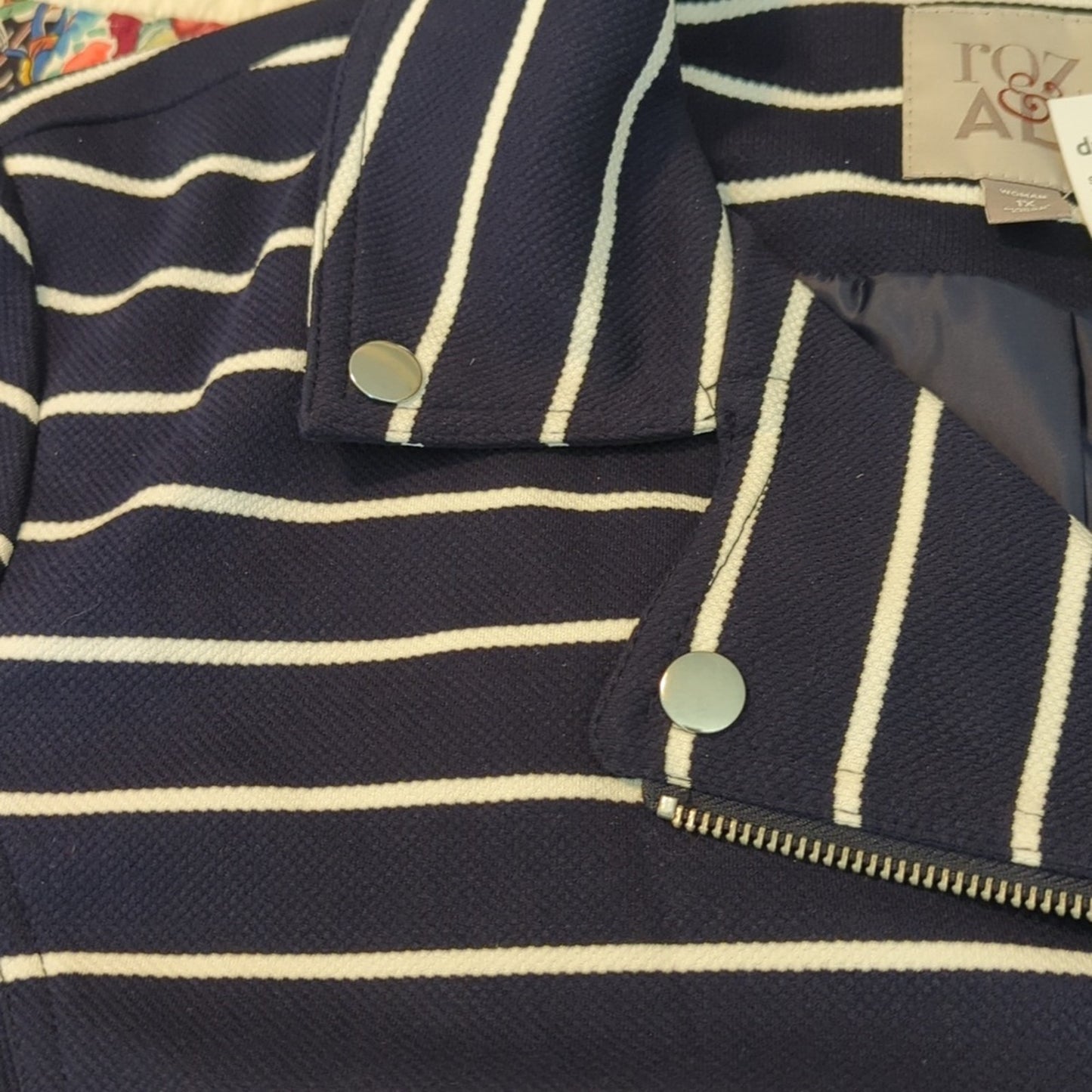 Roz & Ali NWT Navy Stripe Moto Fully Lined Stretch Jacket Women's Size 1X