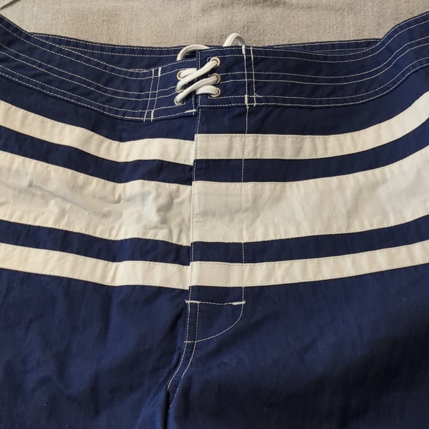 Polo Ralph Lauren Navy White Stripe Velcro Front Logo Pocket Swim Trunks Sz 34