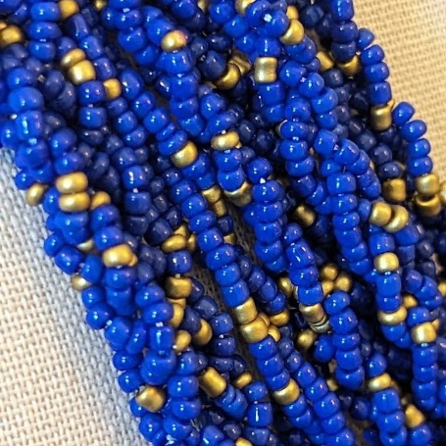 Multi-Strand Braided Blue and Gold Seed Bead Collar Necklace